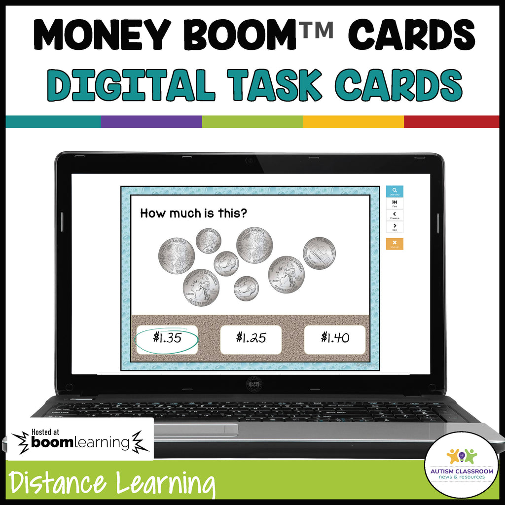 BOOM Cards: Beach Money Task Cards for Distance Learning-Coins to $2 - Autism Classroom Resources