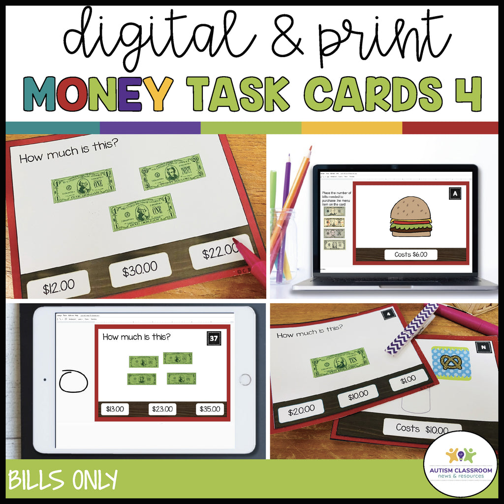 Restaurant-Themed Money Task Cards Vol. 4 Bills Only: Digital & Print Versions Included - Autism Classroom Resources