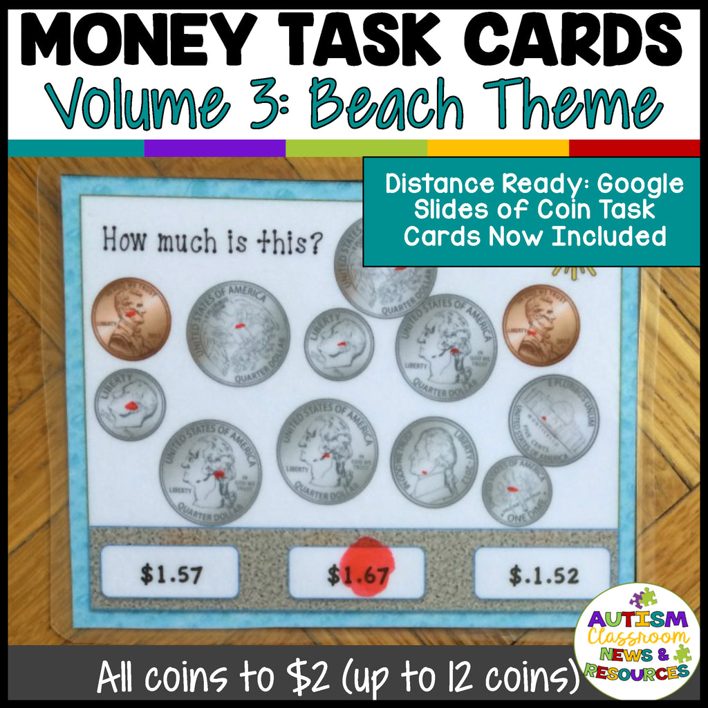 Beach-Themed Money Task Cards Vol. 3 Including Coins to $2 - Autism Classroom Resources