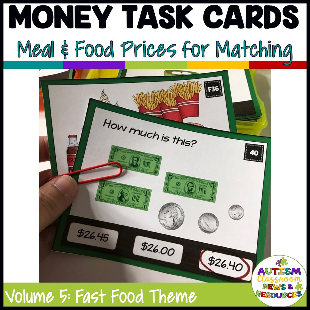 Fast Food-Themed Money Task Cards Volume 5 with Coin and Bill Combinations - Autism Classroom Resources