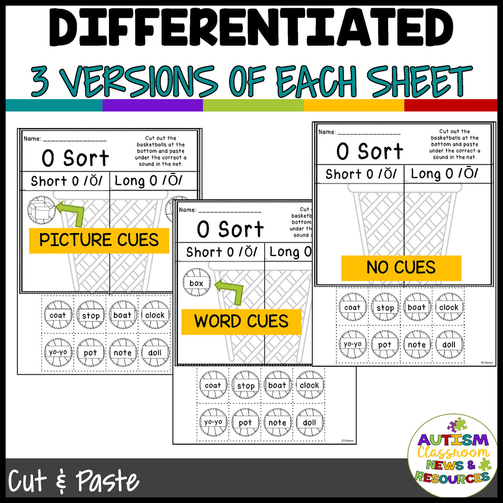 Differentiated Long and Short Vowel Sorting Worksheets: Basketball Theme Cut and Paste Activities - Autism Classroom Resources