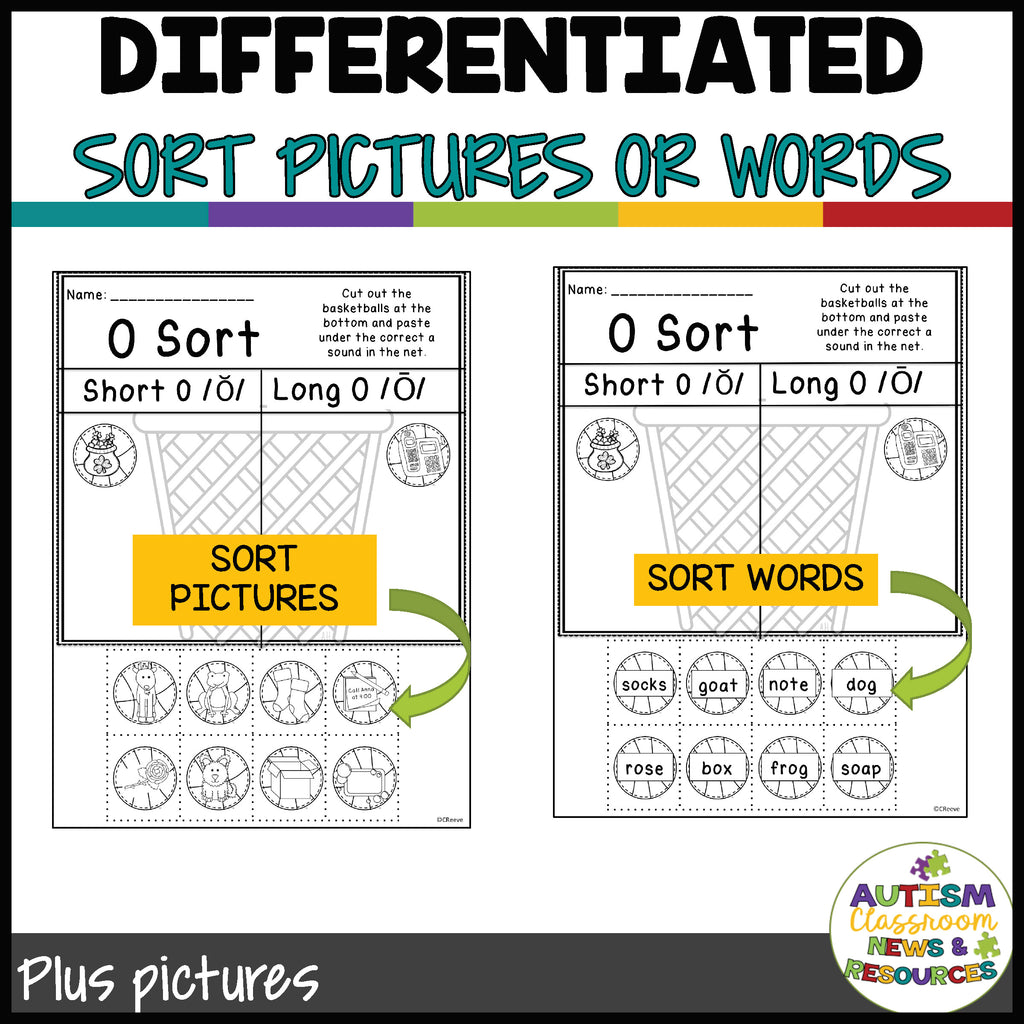 Differentiated Long and Short Vowel Sorting Worksheets: Basketball Theme Cut and Paste Activities - Autism Classroom Resources