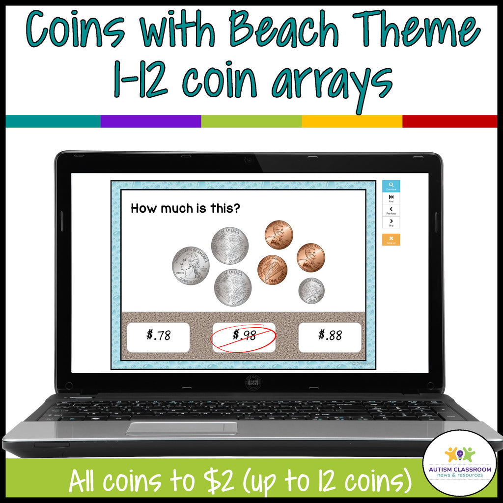 BOOM Cards: Beach Money Task Cards for Distance Learning-Coins to $2 - Autism Classroom Resources