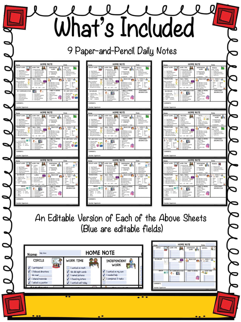 Home-School Communication Notes: Editable Included: Elementary Version - Autism Classroom Resources