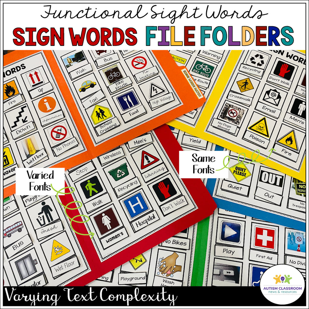 Functional Literacy with Community Signs Sight Word File Folders for Reading Comprehension in Special Ed - Autism Classroom Resources