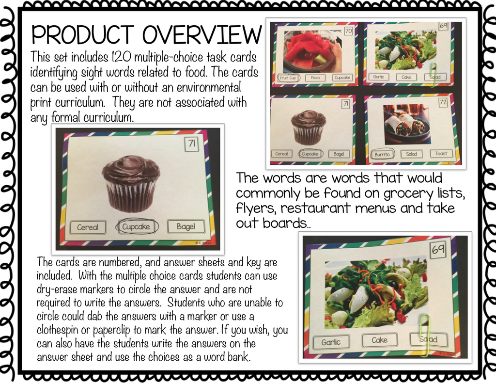 Functional Sight Word Reading Task Cards: Food Words for Life Skills - Autism Classroom Resources