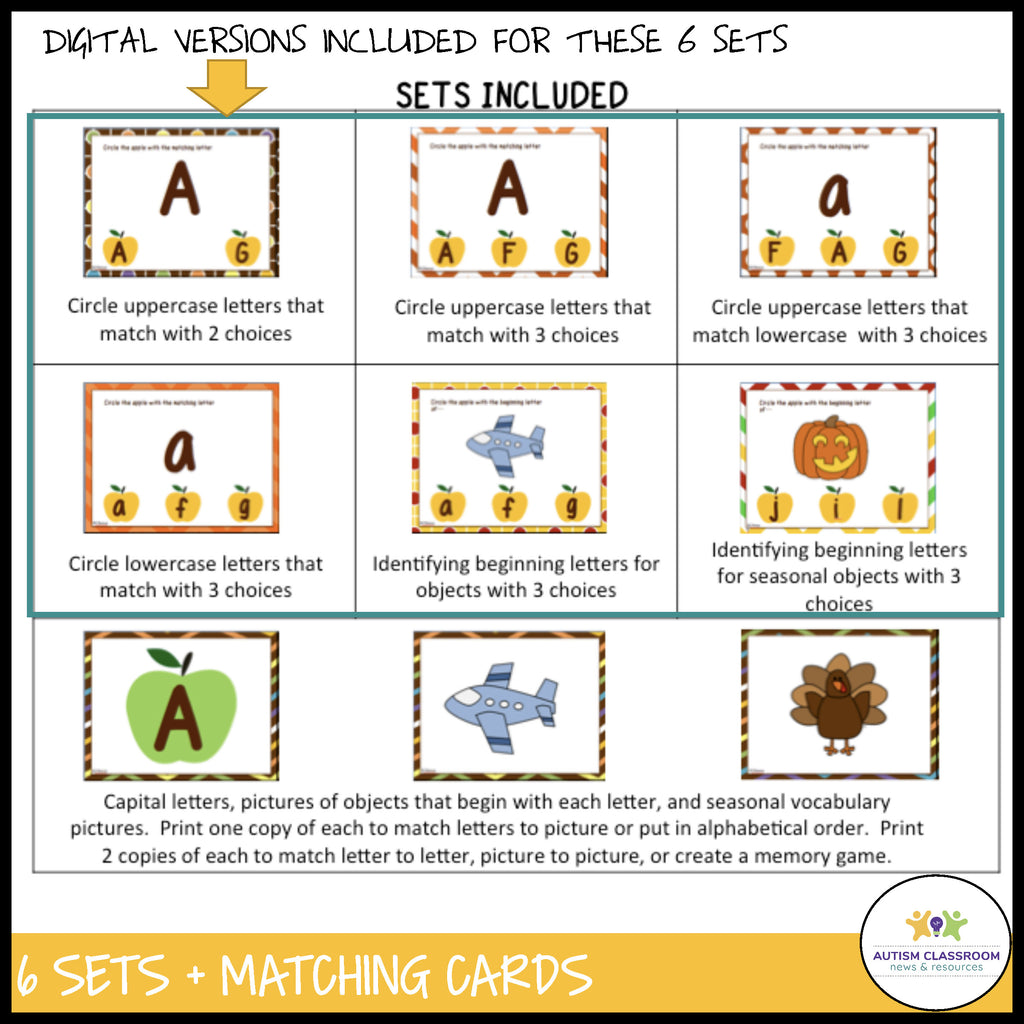 Fall Letter Matching & Identification Task Cards: For Print and Digital - Autism Classroom Resources