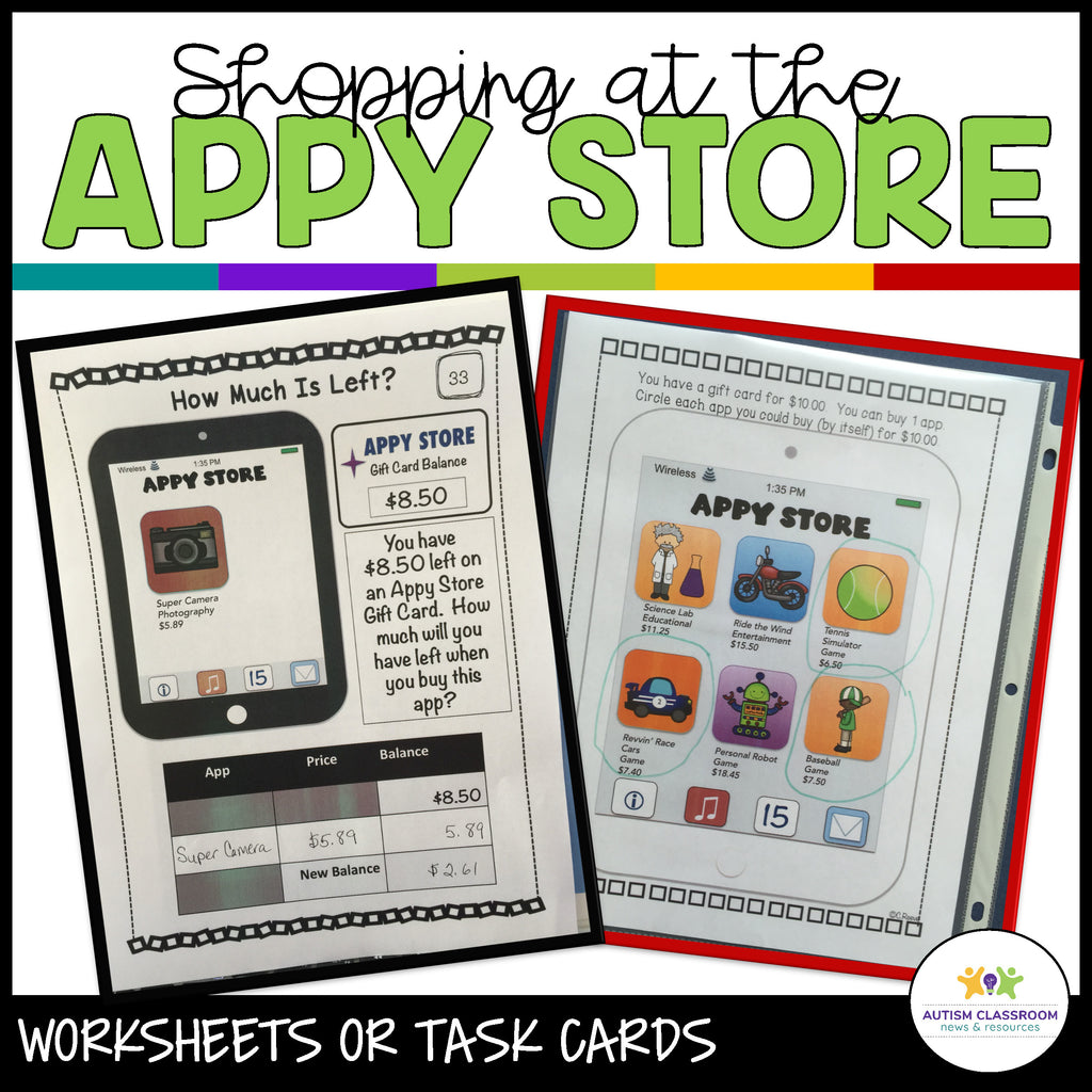 Shopping at the Appy Store: Money Worksheets-Task Cards for Special Education - Autism Classroom Resources