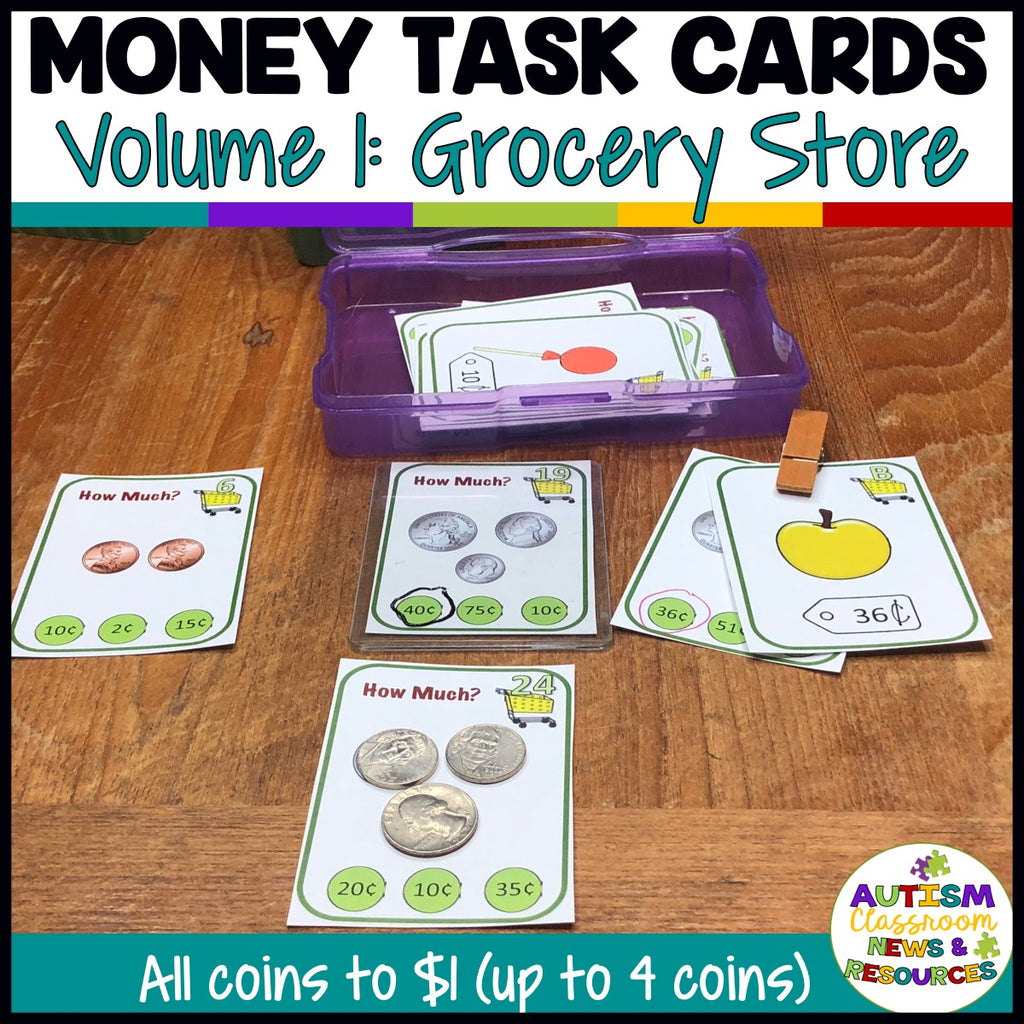 Grocery-Themed Money Task Cards Vol. 1 Including Coins to $1 for Life Skills Classes - Autism Classroom Resources