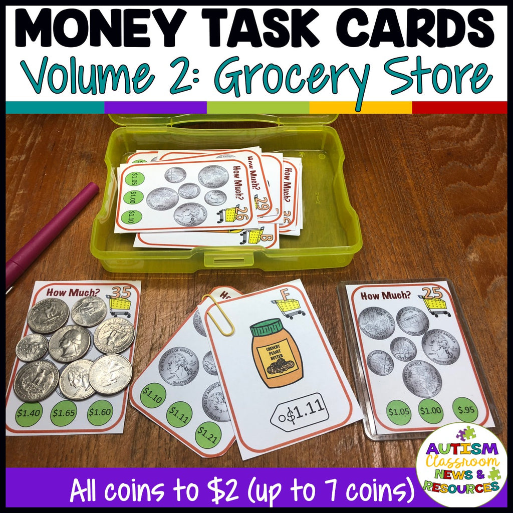 Grocery-Themed Money Task Cards Vol. 2 With Coins to $2 for Life Skills Classes - Autism Classroom Resources
