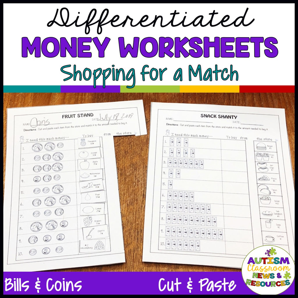 Differentiated Money Skill Worksheets: Shopping for a Match - Autism Classroom Resources