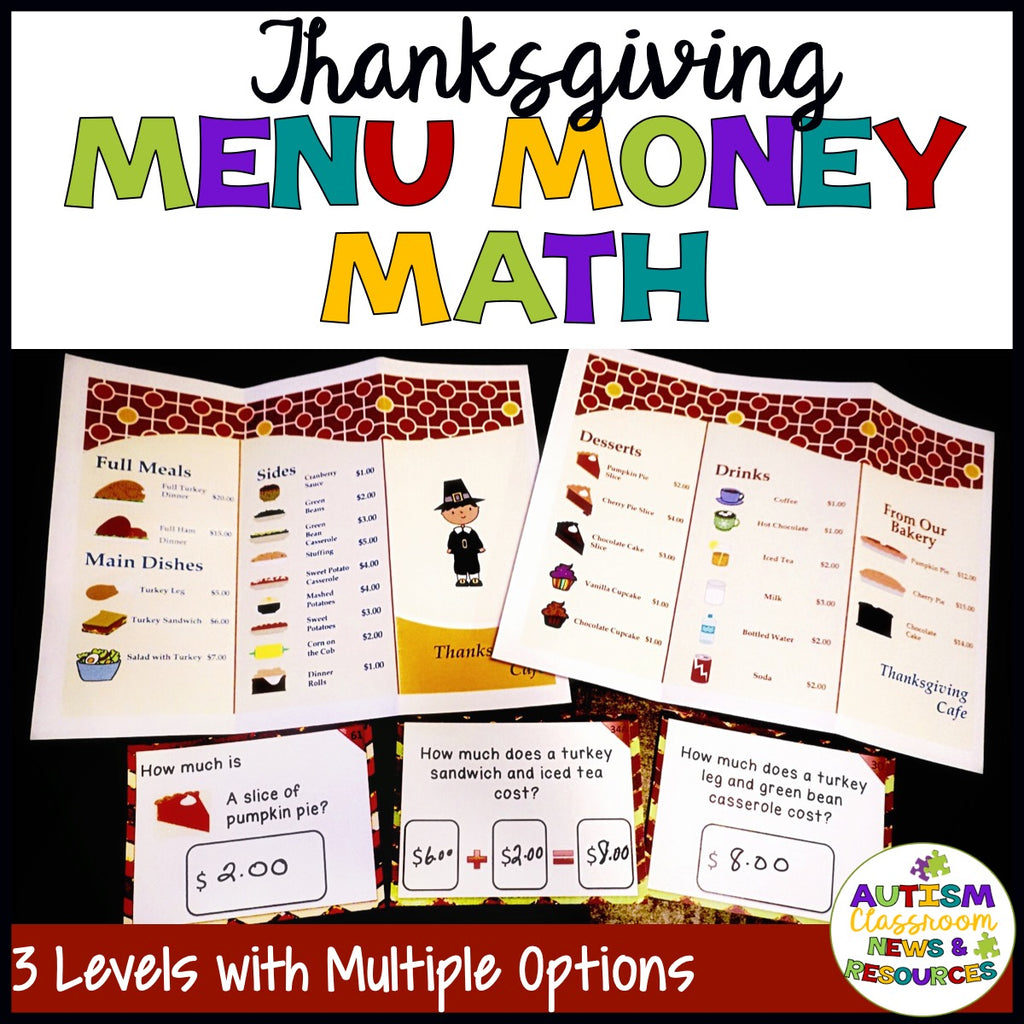 Differentiated Thanksgiving Menu Math for Practicing Money Skills - Autism Classroom Resources